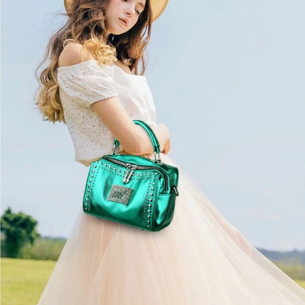 Super Cute Metallic Green Satchel Handbag Crossbody - Picture 1 of 9
